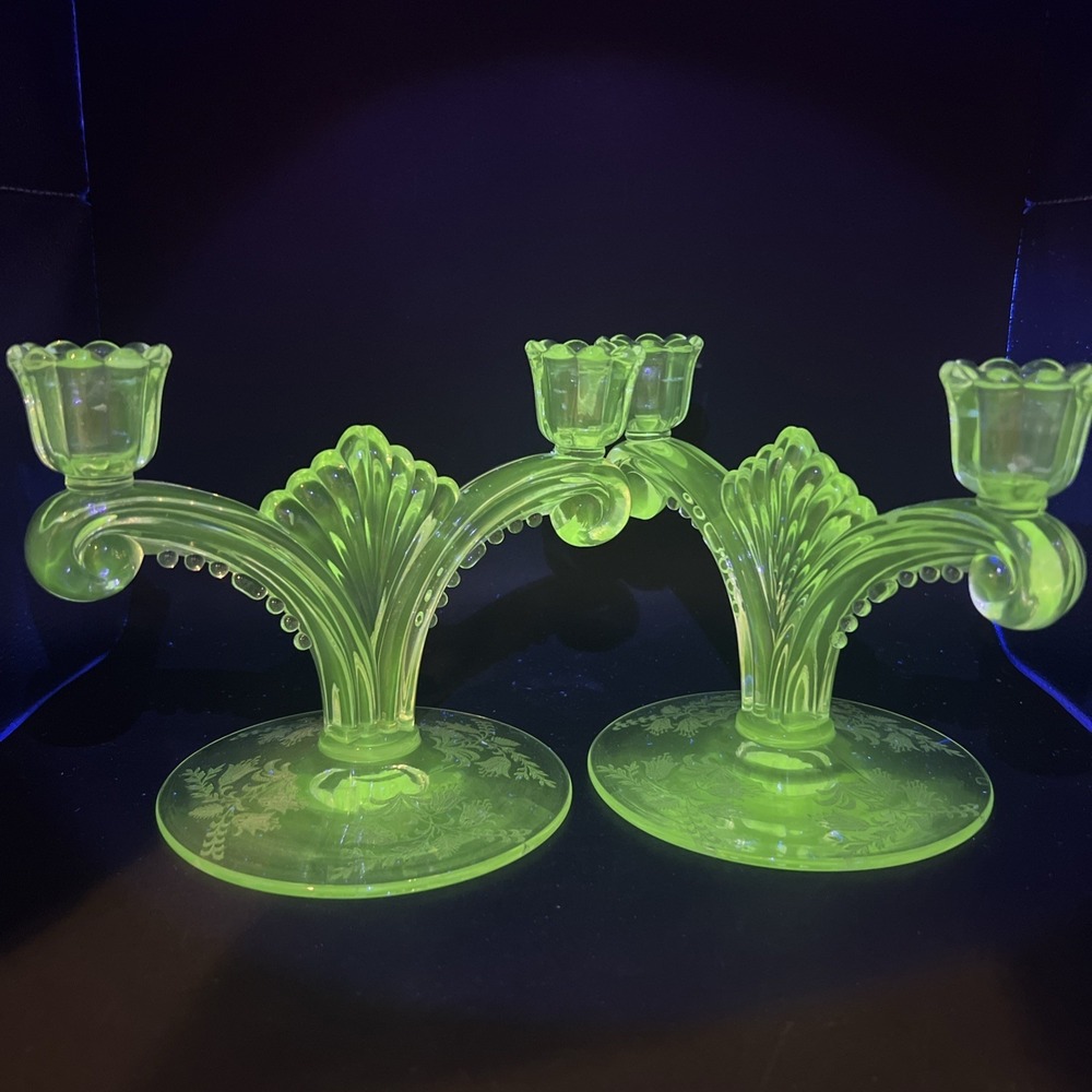 VTG Pair Tiffin June Night Crystal Double Candlesticks #5902 Etched Glows UV 365